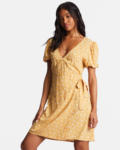 billabong, Hot Tropics - Mini Wrap Dress for Women, GOLDIE (ykv0) Hot Tropics - Mini Wrap Dress for Women  ABJWD00524