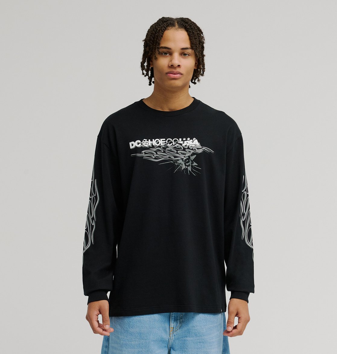 022041● Back Channel sleeve print crew DC Side Flame - Men's Black Long Sleeve T-Shirt | DC Shoes
