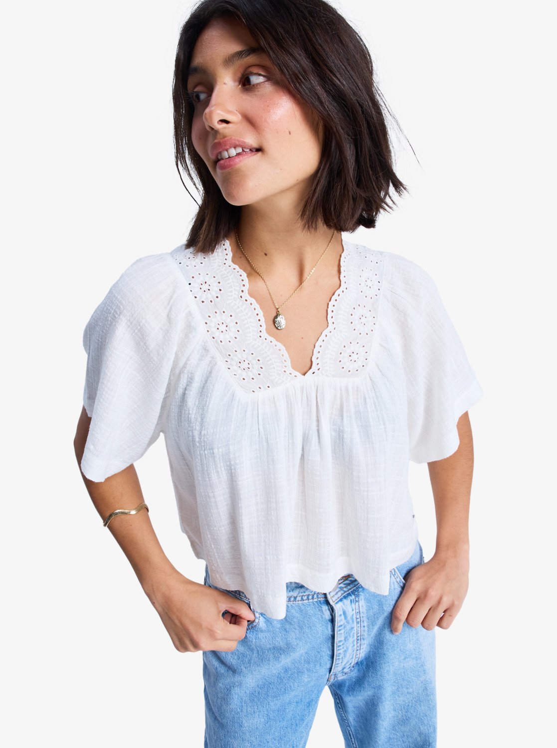 ポエト foeto Reveka silky blouse Paradise Lagoon - Women's White Short Sleeve Blouse | Roxy