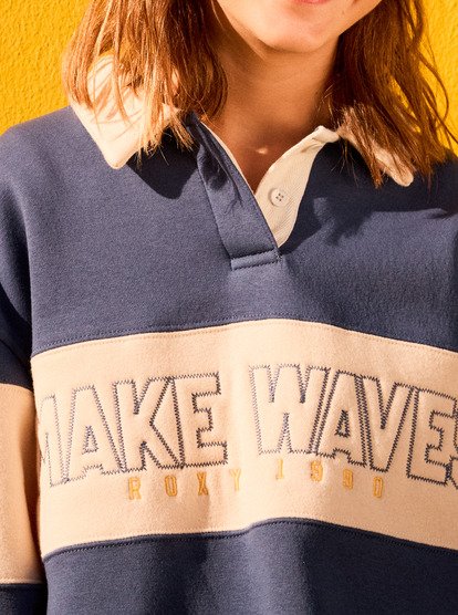 roxy, Iconic Waves - Sweatshirt com colarinho de camisa em bloco de cor para raparigas 4-16, VINTAGE INDIGO (byl0) Iconic Waves - Colour Block Shirt Collar Sweatshirt for Girls 4-16  ERGFT04025
