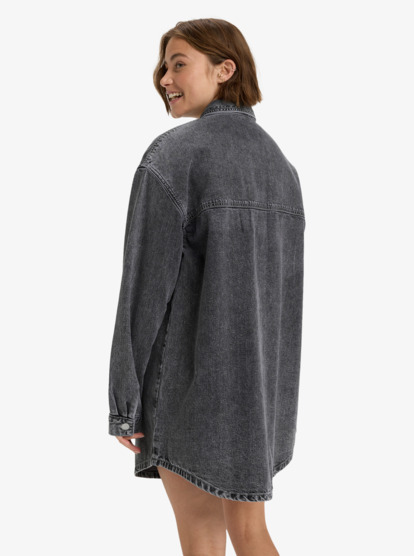 roxy, Tidal Moon - Mini robe chemise en jean pour Femme, MID GREY (kph0) Tidal Moon - Denim Long Sleeve Mini Shirtdress for Women  ERJDD03009