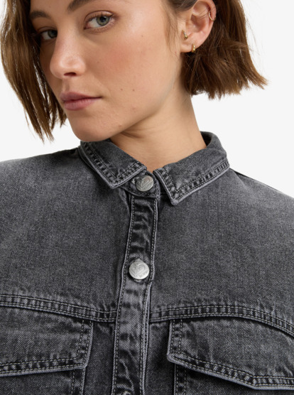 roxy, Tidal Moon - Mini robe chemise en jean pour Femme, MID GREY (kph0) Tidal Moon - Denim Long Sleeve Mini Shirtdress for Women  ERJDD03009
