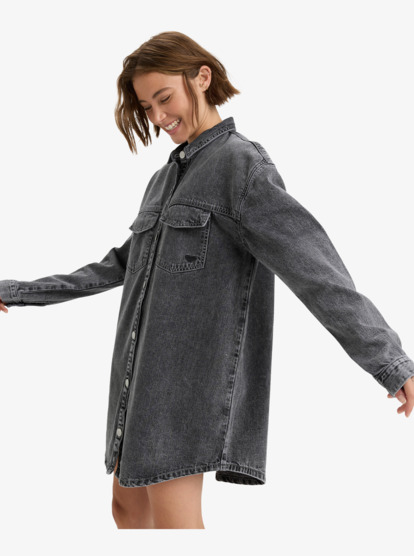 roxy, Tidal Moon - Mini robe chemise en jean pour Femme, MID GREY (kph0) Tidal Moon - Denim Long Sleeve Mini Shirtdress for Women  ERJDD03009