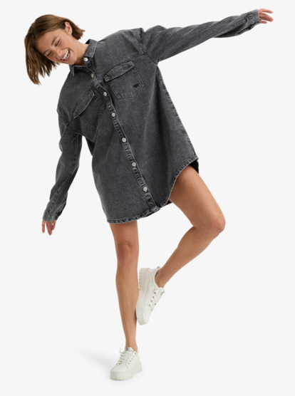 roxy, Tidal Moon - Mini robe chemise en jean pour Femme, MID GREY (kph0) Tidal Moon - Denim Long Sleeve Mini Shirtdress for Women  ERJDD03009