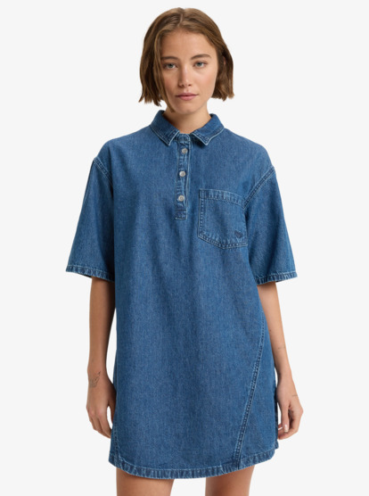 roxy, Afternoon Skies - Mini denim overhemdjurk met korte mouw voor Dames, MEDIUM BLUE (bmtw) Afternoon Skies - Denim Short Sleeve Mini Shirtdress for Women  ERJDD03010