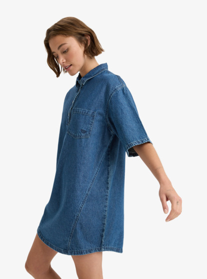 roxy, Afternoon Skies - Mini denim overhemdjurk met korte mouw voor Dames, MEDIUM BLUE (bmtw) Afternoon Skies - Denim Short Sleeve Mini Shirtdress for Women  ERJDD03010