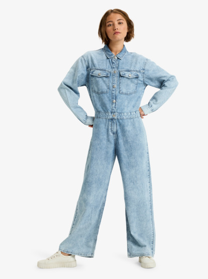 roxy, Coastal Weekend - Long Sleeve Denim Romper for Women, BEAU BLUE (bsbw) Coastal Weekend - Long Sleeve Denim Romper for Women  ERJDO03001