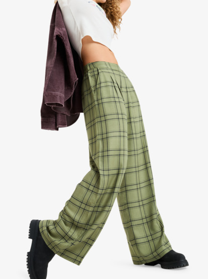 roxy, Great Influence - Relaxed flanellen broek voor Dames, OIL GREEN NATURAL PLAID (gld1) Great Influence - Relaxed Flannel Trouser Style Trousers for Women  ERJNP03665