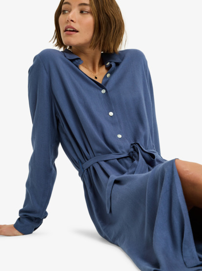 Island Escape Solid - Collared Long Sleeve Button Front Midi Dress for Women  ERJWD03922