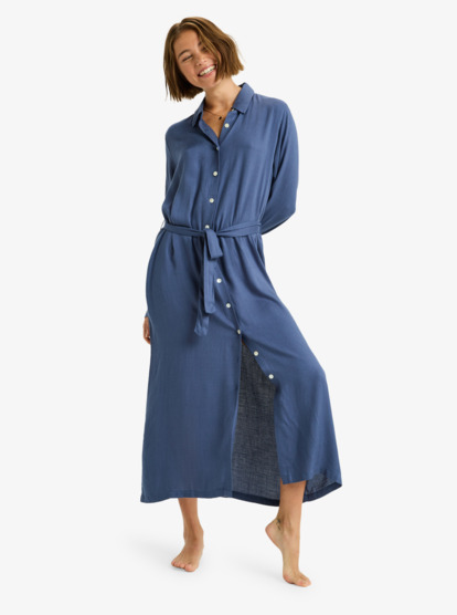 roxy, Island Escape Solid - Halflange jurk met kraag, lange mouw en knoopsluiting op de voorkant voor Dames, VINTAGE INDIGO (byl0) Island Escape Solid - Collared Long Sleeve Button Front Midi Dress for Women  ERJWD03922