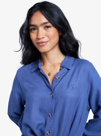 roxy, Island Escape Solid - Halflange jurk met kraag, lange mouw en knoopsluiting op de voorkant voor Dames, VINTAGE INDIGO (byl0) Island Escape Solid - Collared Long Sleeve Button Front Midi Dress for Women  ERJWD03922