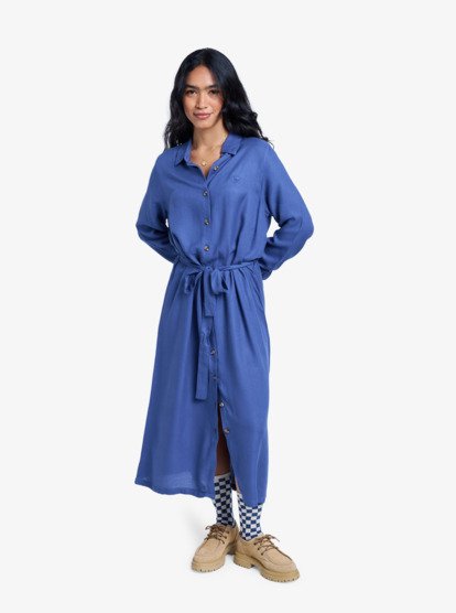 Island Escape Solid - Collared Long Sleeve Button Front Midi Dress for Women  ERJWD03922