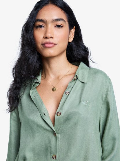 roxy, Island Escape Solid - Robe midi à col pour Femme, OIL GREEN (gld0) Island Escape Solid - Collared Long Sleeve Button Front Midi Dress for Women  ERJWD03922