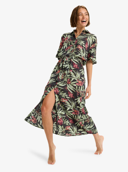 roxy, Island Escape Printed - Halflange jurk met kraag en knoopsluiting op de voorkant voor Dames, PHANTOM WIND SWEPT FLORAL CRIN (kta6) Island Escape Printed - Collared Midi Button Front Midi Dress for Women  ERJWD03923