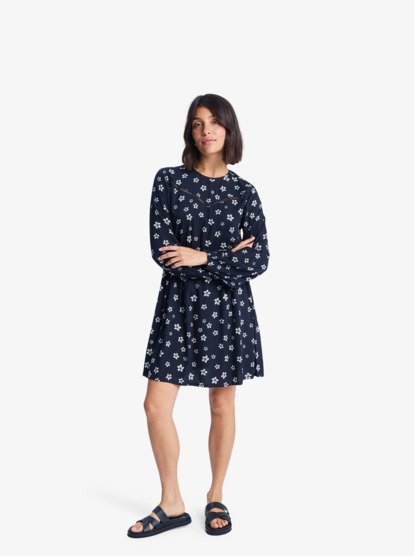 roxy, Vl Sunset Season - Mini robe avec empiècement en dentelle pour Femme, ANTHRACITE SOL SEARCHER DITSY (kvj4) Vl Sunset Season - Long Sleeve Mini Dress With Lace Inset for Women  ERJWD03926