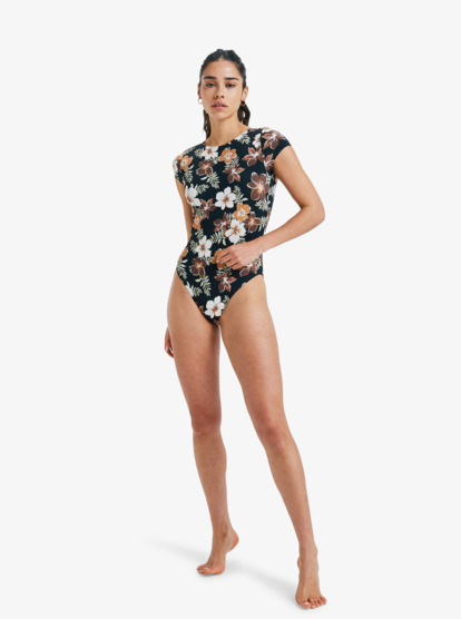 roxy, Nostalgic Feels - Eendelig Badpak met Korte Mouwen voor Dames, ALMOND TROPICAL FEELS (cmd7) Nostalgic Feels - Short Sleeve One-Piece Swimsuit for Women  ERJWR03894
