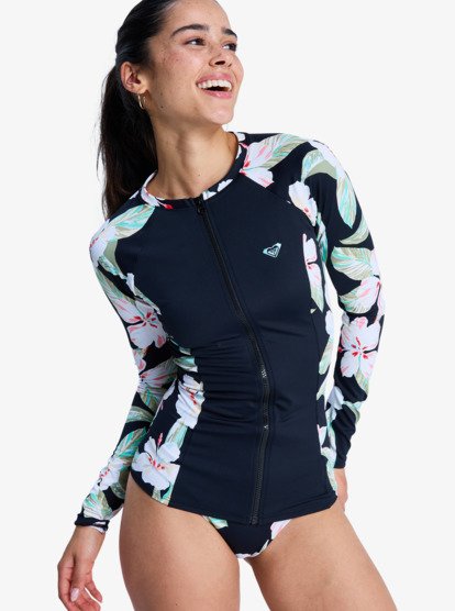 Separate long-sleeve zip-front rash guard with floral sleeves and a dark body