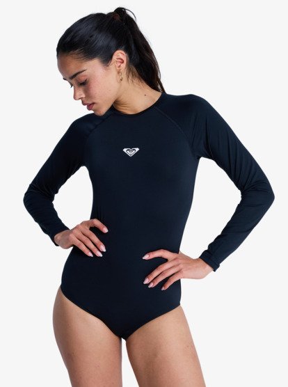 Dark long-sleeve one-piece swimsuit with brief-shaped leg openings