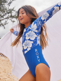 1 Hippy Hibiscus - Long Sleeve One-Piece Swimsuit for Girls 6 - 16 Blue ERGWR03432 Roxy