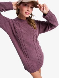 4 Missing The Waves - Long Sleeve Cable Knit Mini Sweater Dress for Women Red ERJKD03534 Roxy