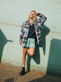 2 Over And Above - Casaco camiseiro de velo polar ao xadrez para mulher Azul ERJPF03234 Roxy