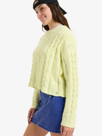 1 Chloe Kim Cropped Cable - Pull à col rond en maille torsadée pour Femme Jaune ERJSW03679 Roxy