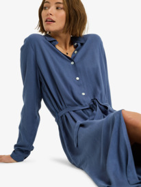 4 Island Escape Solid - Collared Long Sleeve Button Front Midi Dress for Women Blue ERJWD03922 Roxy