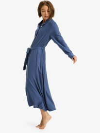 1 Island Escape Solid - Collared Long Sleeve Button Front Midi Dress for Women Blue ERJWD03922 Roxy