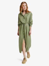 4 Island Escape Solid - Collared Long Sleeve Button Front Midi Dress for Women Green ERJWD03922 Roxy