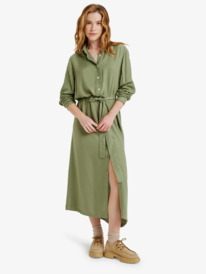 0 Island Escape Solid - Collared Long Sleeve Button Front Midi Dress for Women Green ERJWD03922 Roxy