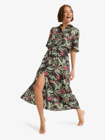 2 Island Escape Printed - Collared Midi Button Front Midi Dress for Women Black ERJWD03923 Roxy