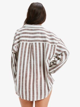 roxy, Morning Time Again Stripe - Chemise oversize à manches longues pour Femme, FONDUE FUDGE BELLA STRIPE VERT (xcwc) Morning Time Again Stripe - Oversized Long Sleeve Shirt for Women  ERJWT03711
