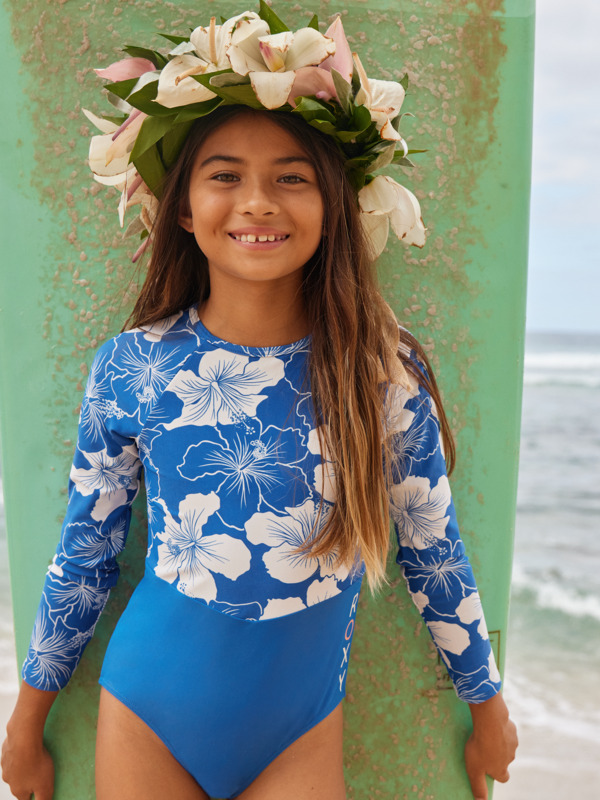 0 Hippy Hibiscus - Long Sleeve One-Piece Swimsuit for Girls 6 - 16 Blue ERGWR03432 Roxy