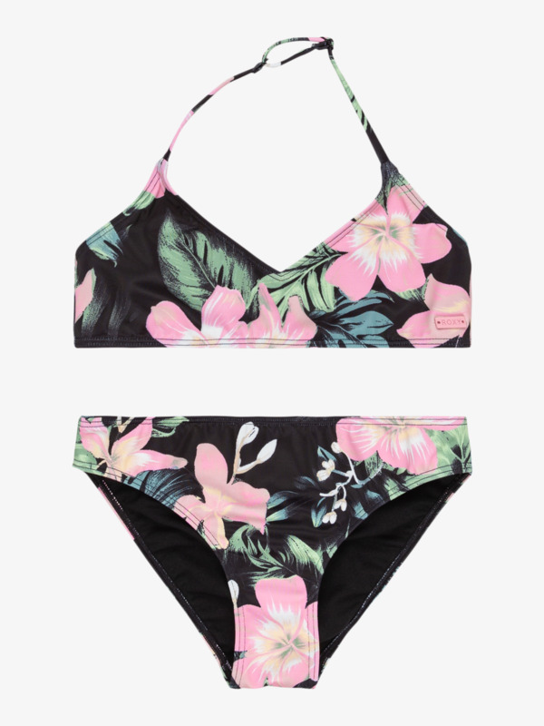 Maillot De Bain 2 Pièces Fille - Motif Floral, Bandeau Volants, Polyester, Tendance Été