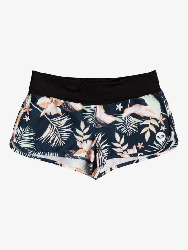 Short floral boardshorts with a wide black foldover waistband