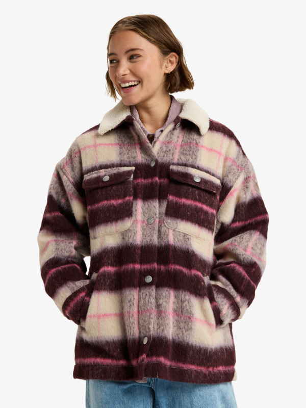 0 Passage Of Time - Checked Shirt Style Coat for Women Beige ERJJK03670 Roxy