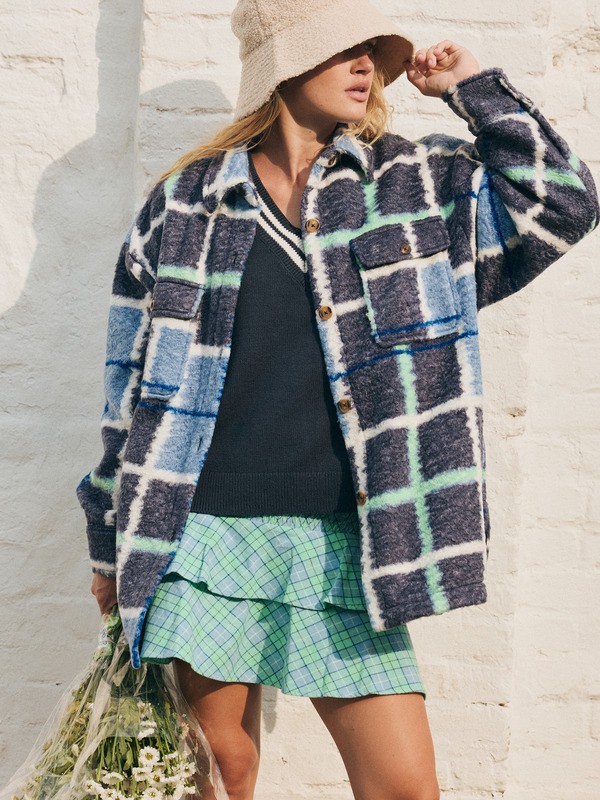 0 Over And Above - Casaco camiseiro de velo polar ao xadrez para mulher Azul ERJPF03234 Roxy