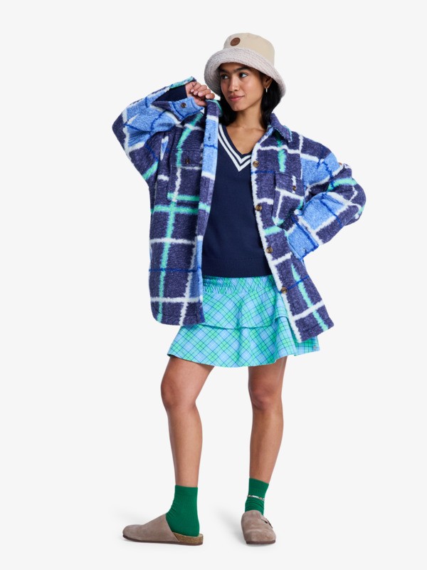 8 Over And Above - Check Plaid Polar Fleece Shirt Jacket for Women Blue ERJPF03234 Roxy