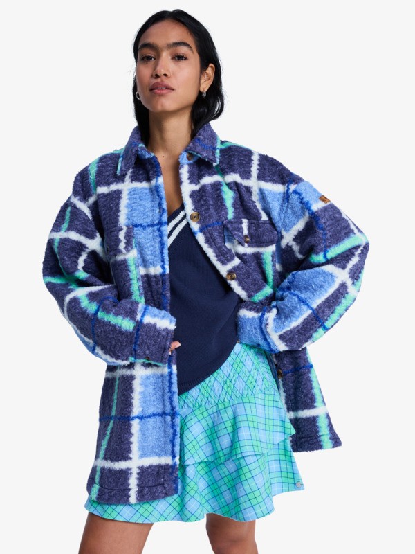 0 Over And Above - Check Plaid Polar Fleece Shirt Jacket for Women Blue ERJPF03234 Roxy