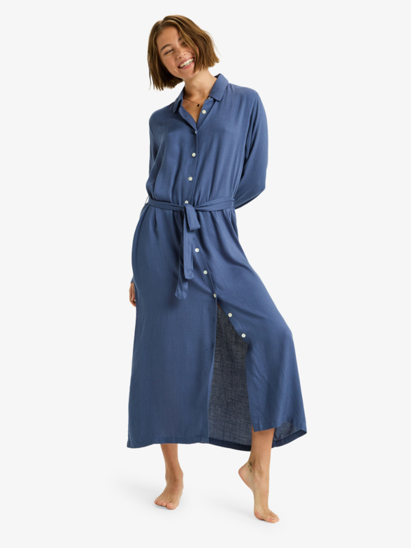 2 Island Escape Solid - Collared Long Sleeve Button Front Midi Dress for Women Blue ERJWD03922 Roxy