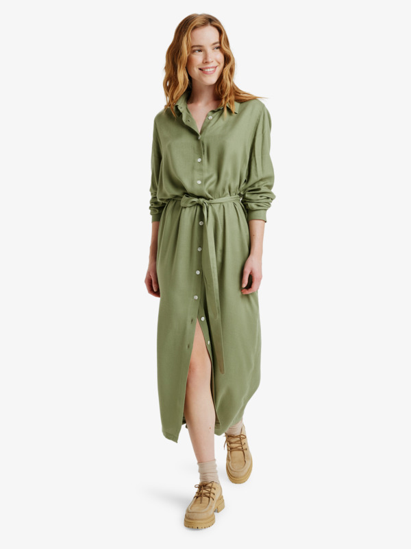 4 Island Escape Solid - Collared Long Sleeve Button Front Midi Dress for Women Green ERJWD03922 Roxy