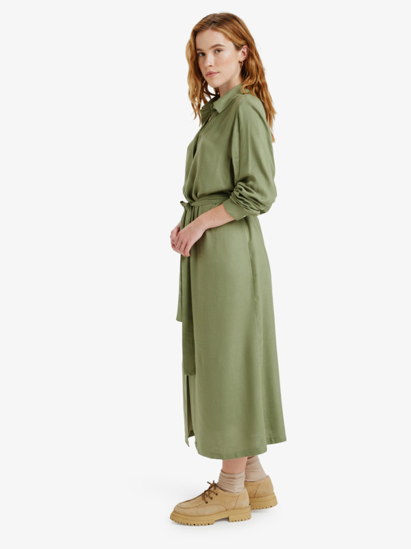 1 Island Escape Solid - Collared Long Sleeve Button Front Midi Dress for Women Green ERJWD03922 Roxy