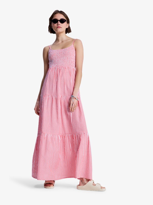 0 Tropical Glow Maxi Stripe - Vestido de algod&atilde;o seersucker para Mulher Vermelho ERJWD03945 Roxy